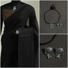 Black - Nazaakat Kota Doria Cotton Plain Saree with Blouse & Jewellery Set 41