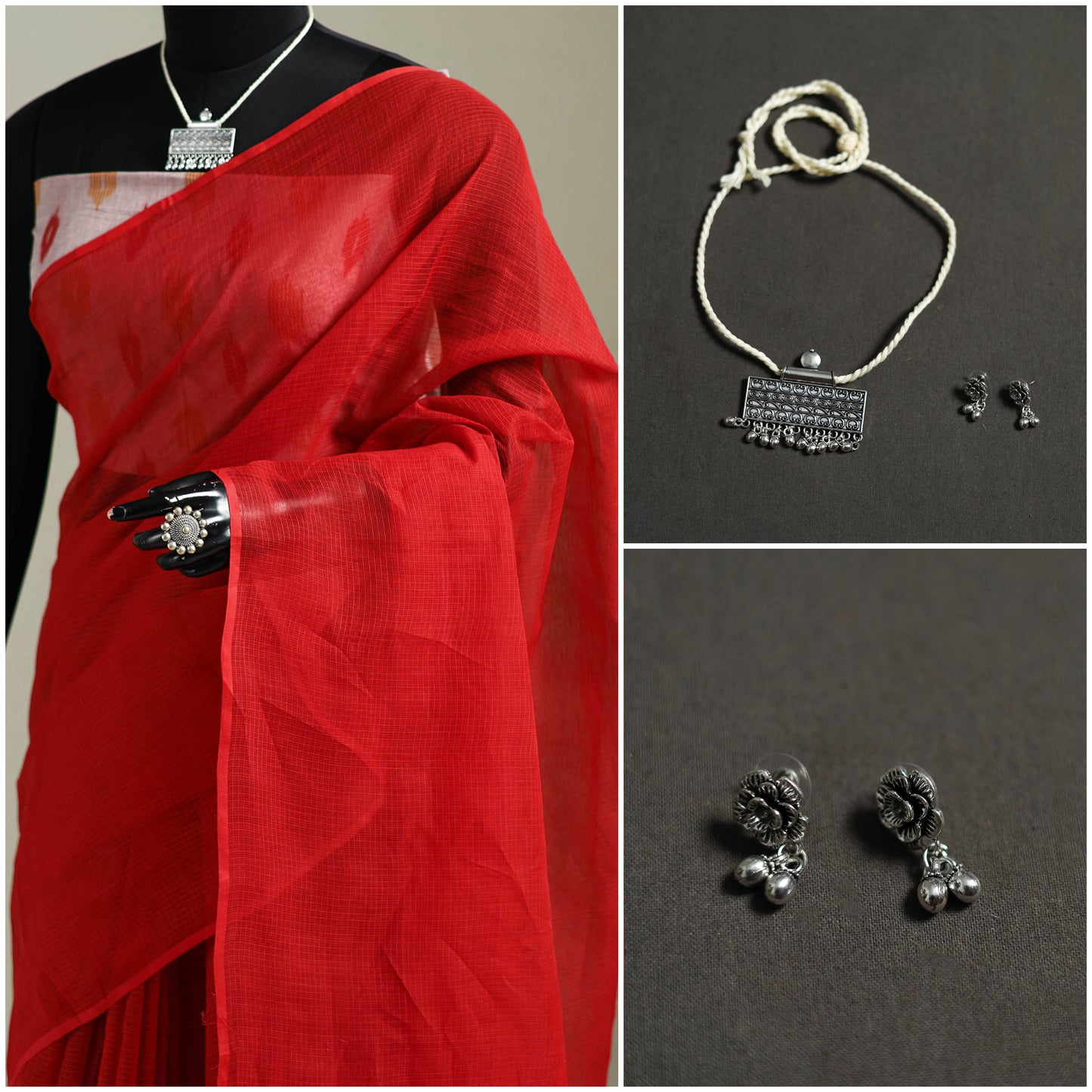 Red - Nazaakat Kota Doria Cotton Plain Saree with Blouse & Jewellery Set 106