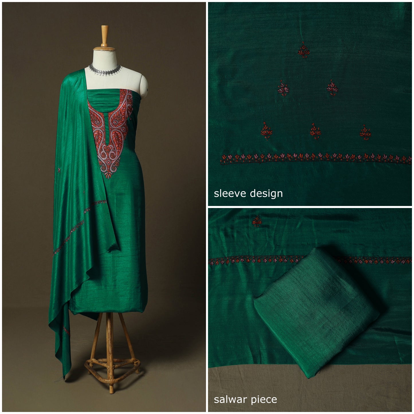 Green - Sozni Hand Embroidery Pure Silk 3pc Unstitched Dress Material Suit Set 24