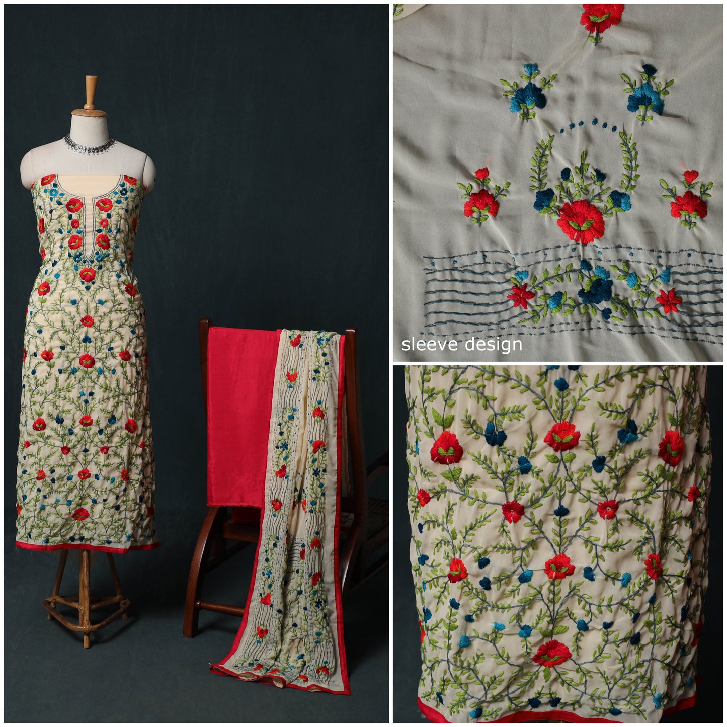 Hand Embroidered Georgette 3pc Unstitched Dress Material Suit Set 13