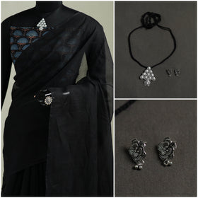 Black - Nazaakat Kota Doria Cotton Plain Saree with Blouse & Jewellery Set 13