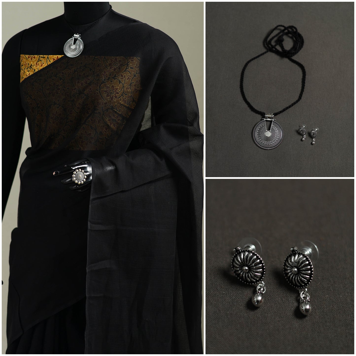 Black - Nazaakat Kota Doria Cotton Plain Saree with Blouse & Jewellery Set 133