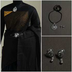 Black - Nazaakat Kota Doria Cotton Plain Saree with Blouse & Jewellery Set 133