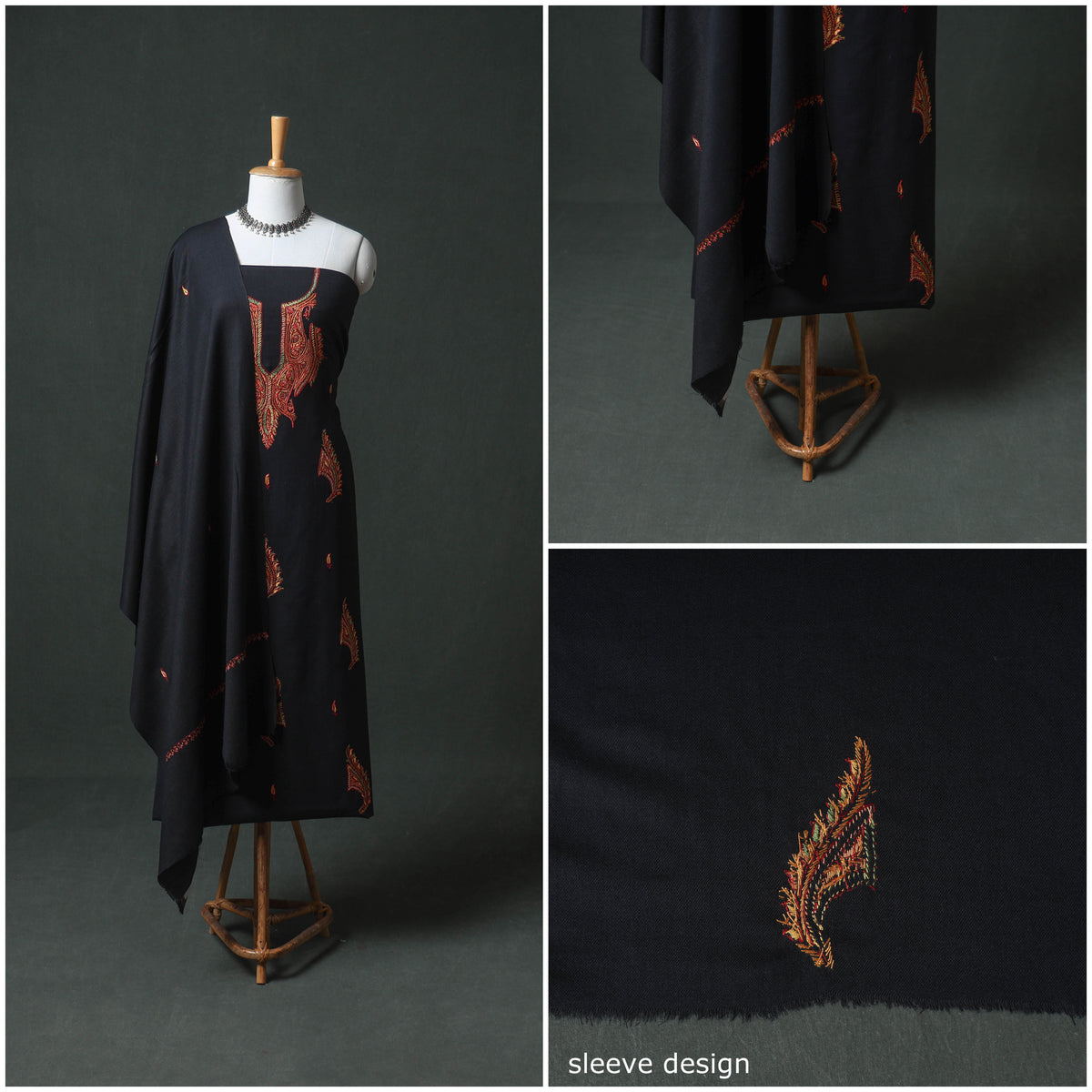 Kashmiri Sozni Hand Embroidered Pure Merino Wool Unstitched Dress Material: Kurta, Bottom with Dupatta 13