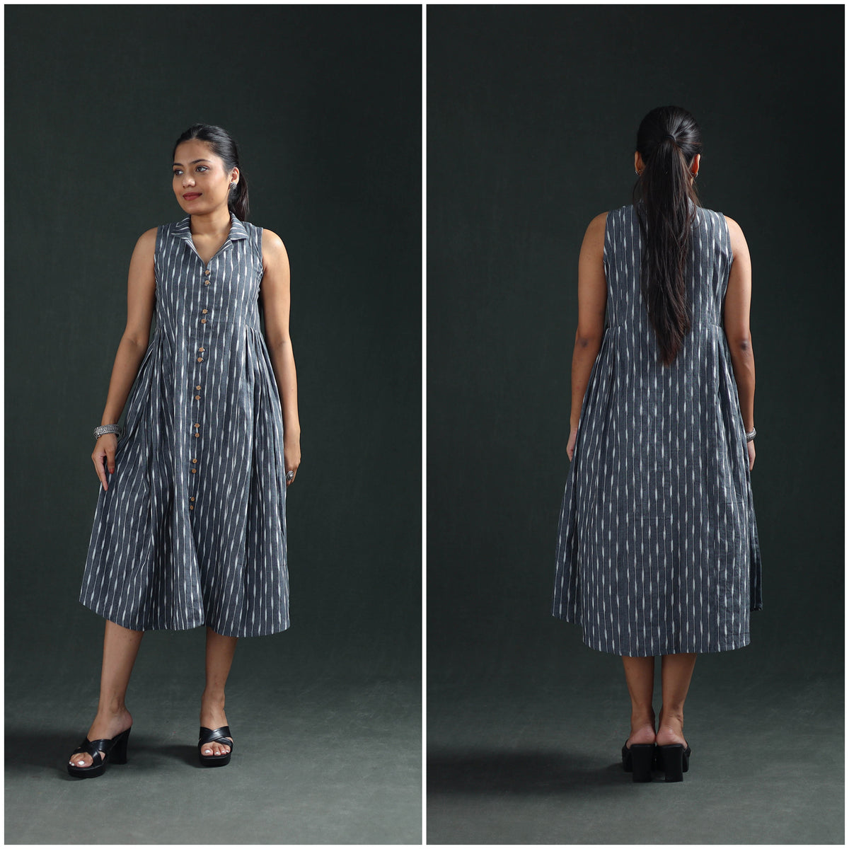 Pochampally Ikat Cotton Sleeveless Buttoned Down Long Dress for Women 11