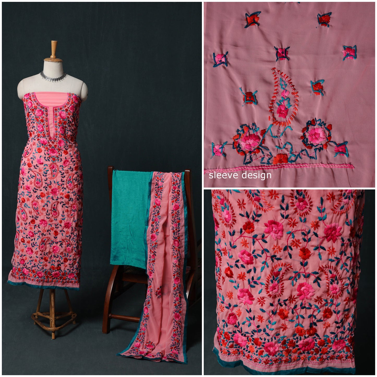 Hand Embroidered Georgette 3pc Unstitched Dress Material Suit Set 30