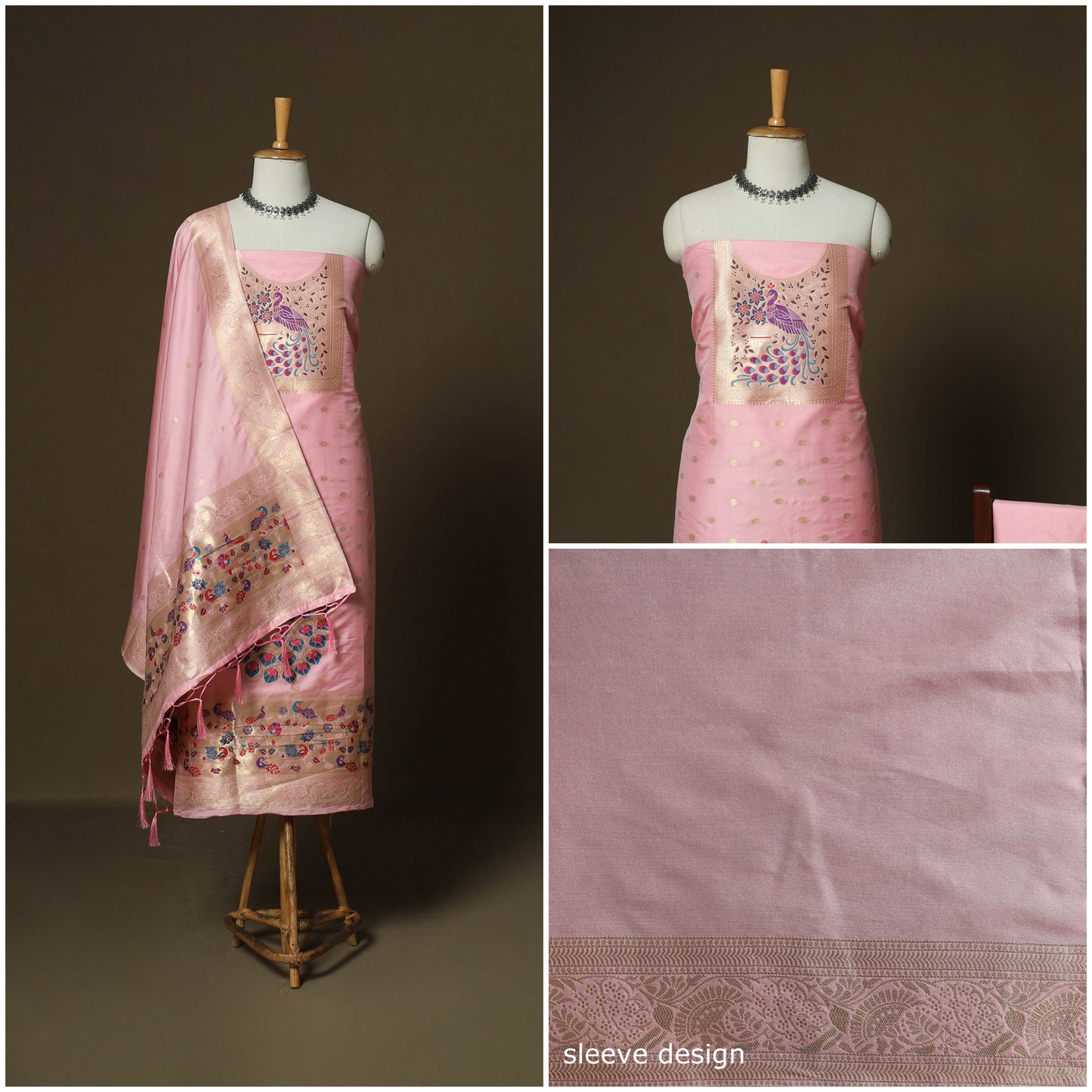 Pink - Bangalore Silk Paithani Weave 3pc Unstitched Dress Material Suit Set 14