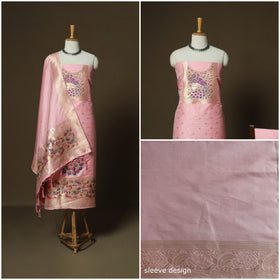 Pink - Bangalore Silk Paithani Weave 3pc Unstitched Dress Material Suit Set 14