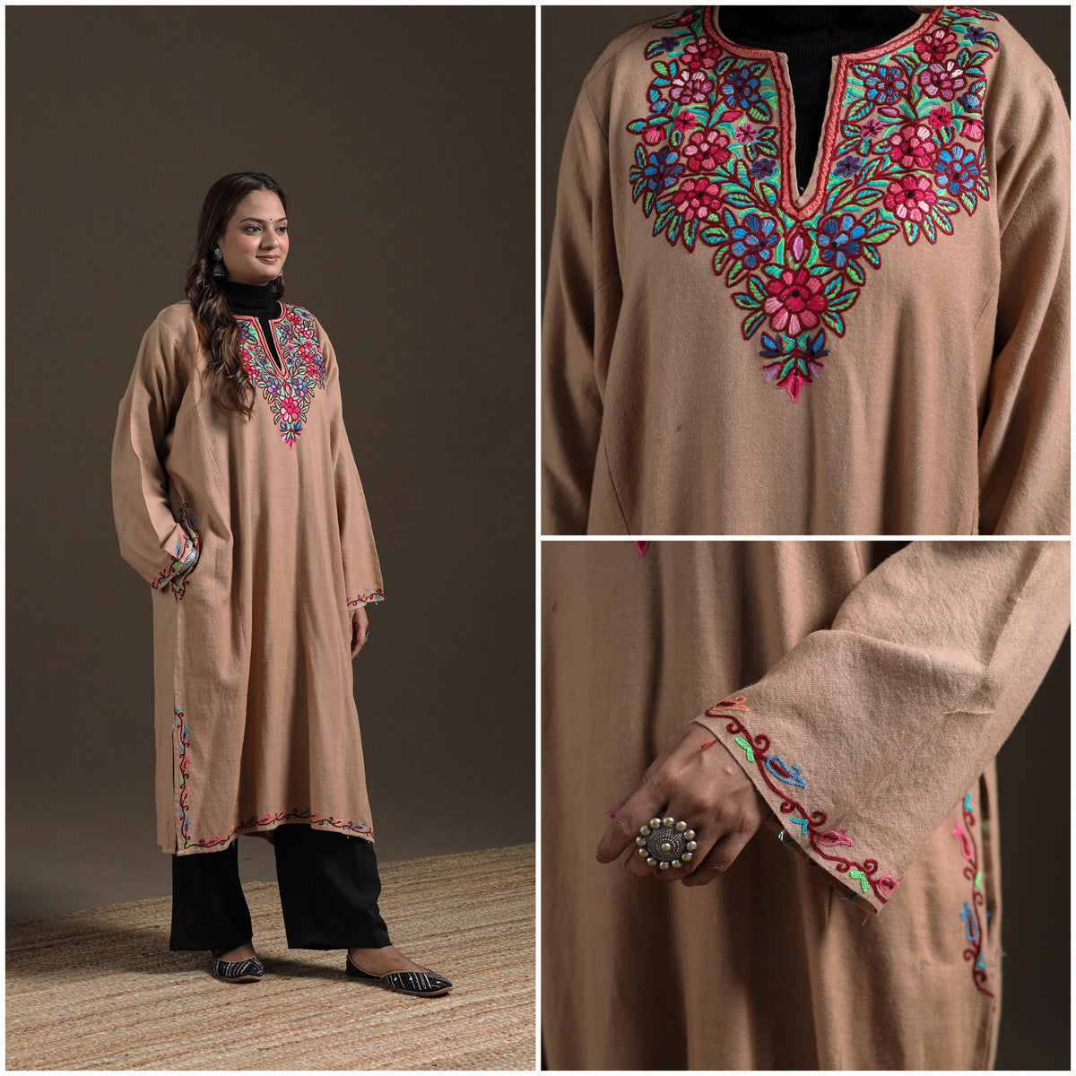 Kashmiri Aari Hand Embroidered Handwoven Merino Wool Pheran 13