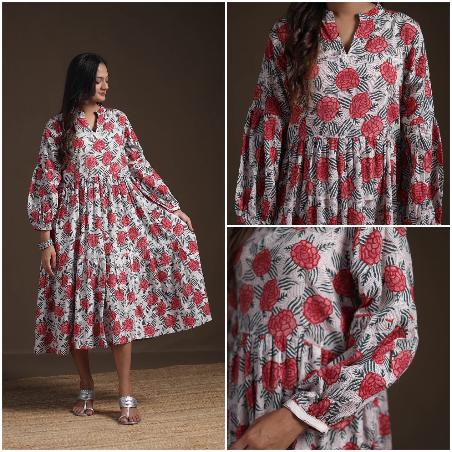 Sanganeri Floral Hand Block Print Cotton Tiered Long Dress for Women 02