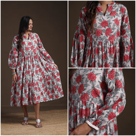 Sanganeri Floral Hand Block Print Cotton Tiered Long Dress for Women 02