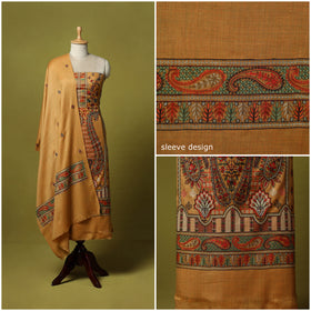 Brown - 3pc Heavy Chain Stitch Embroidered Merino Wool Unstitched Dress Material 23