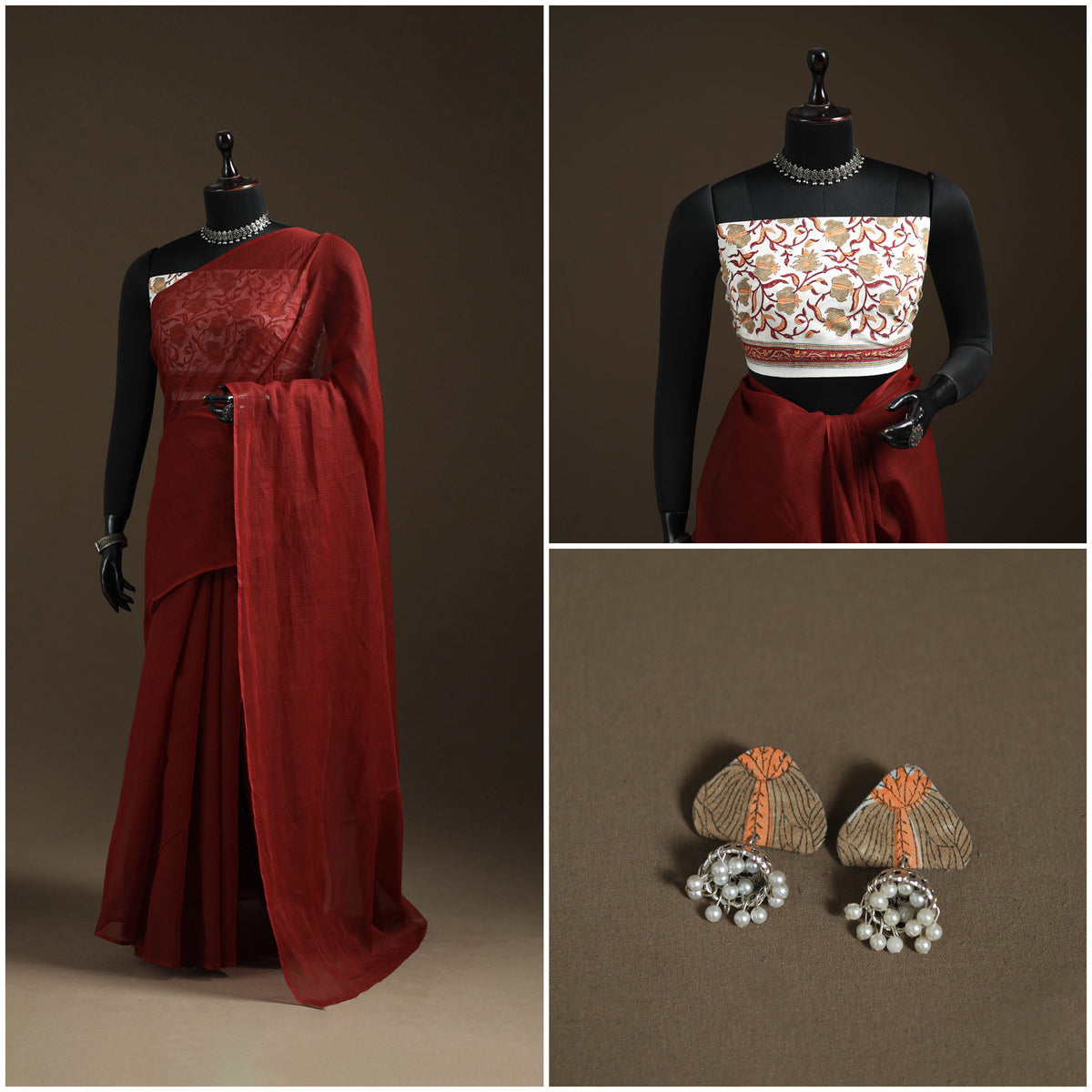 Maroon - Nazaakat Kota Doria Cotton Plain Saree with Blouse Piece & Earrings 33