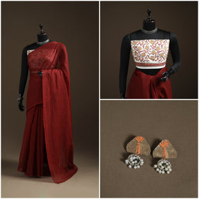 Maroon - Nazaakat Kota Doria Cotton Plain Saree with Blouse Piece & Earrings 33