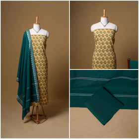 Floral Sanganeri Block Print Cotton Unstitched Dress Material: Kurta, Bottom & Dupatta with Jewellery 12