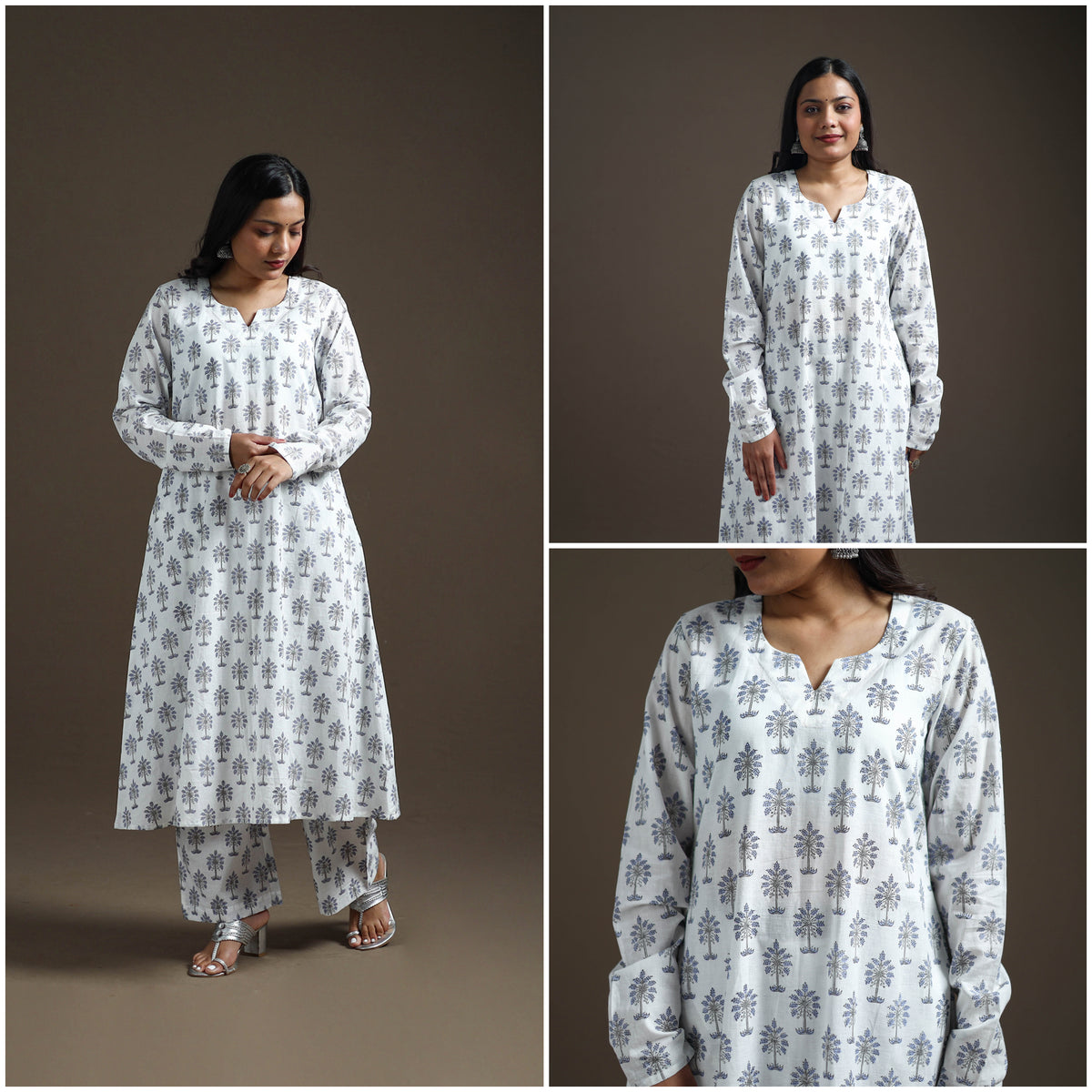 White - floral sanganeri print cotton a-line kurta