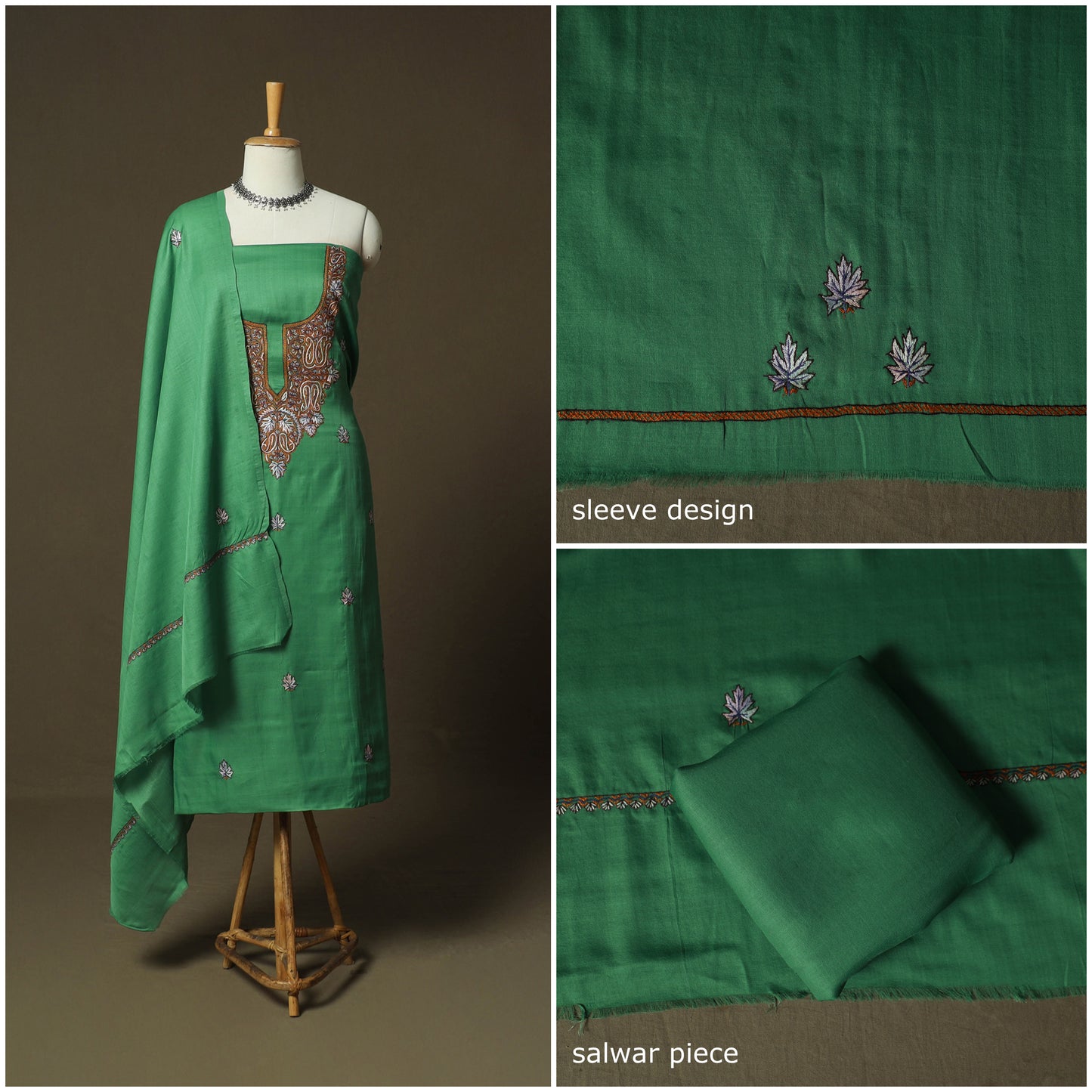 Green - Sozni Hand Embroidery Pure Silk 3pc Unstitched Dress Material Suit Set 25