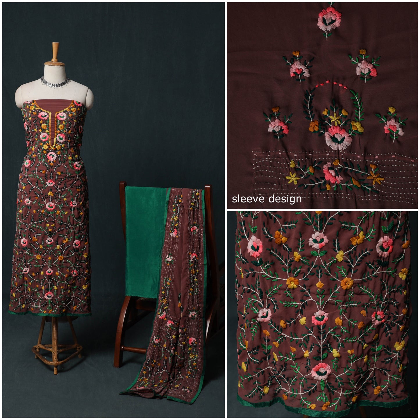Hand Embroidered Georgette 3pc Unstitched Dress Material Suit Set 14