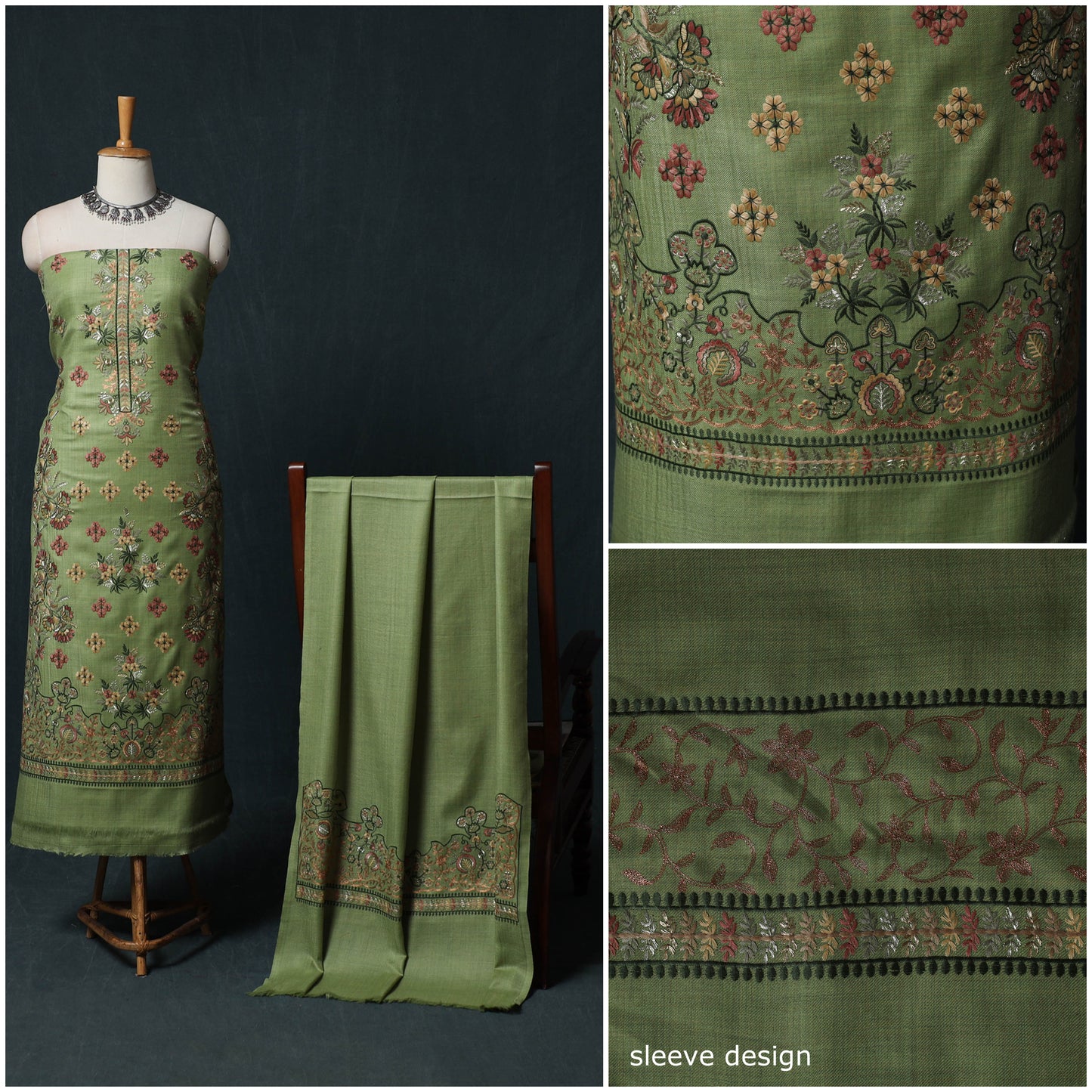 3pc Heavy Embroidered Wool Unstitched Dress Material Suit Set 57