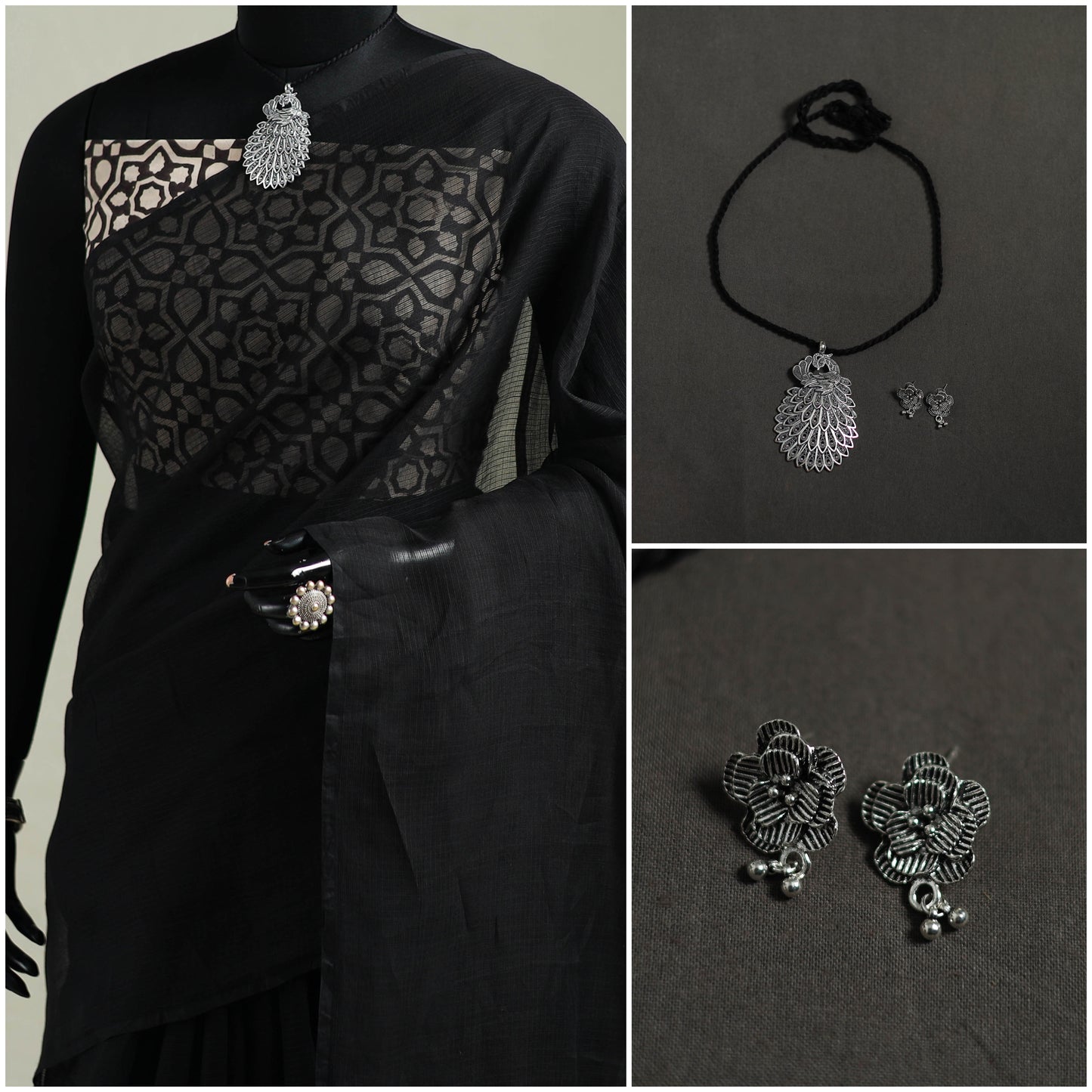 Black - Nazaakat Kota Doria Cotton Plain Saree with Blouse & Jewellery Set 14