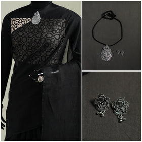 Black - Nazaakat Kota Doria Cotton Plain Saree with Blouse & Jewellery Set 14