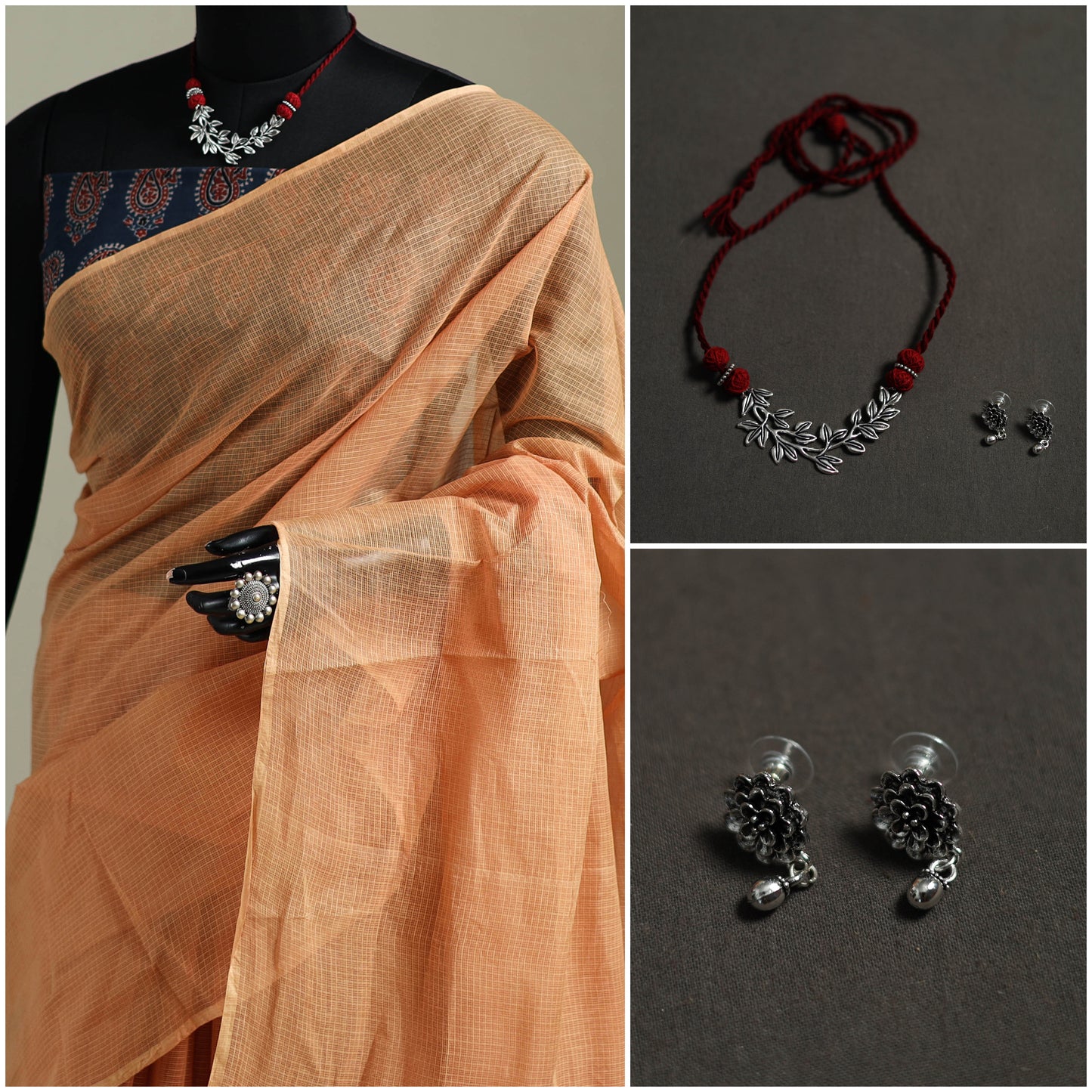 Peach - Nazaakat Kota Doria Cotton Plain Saree with Blouse & Jewellery Set 134