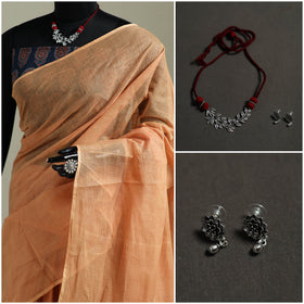 Peach - Nazaakat Kota Doria Cotton Plain Saree with Blouse & Jewellery Set 134