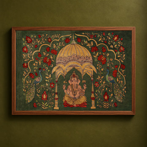 Srikalahasti Kalamkari Art Wall Hanging with Lord Ganesha Motif by Ghanshyam Sarode (26 x 42 in) 14