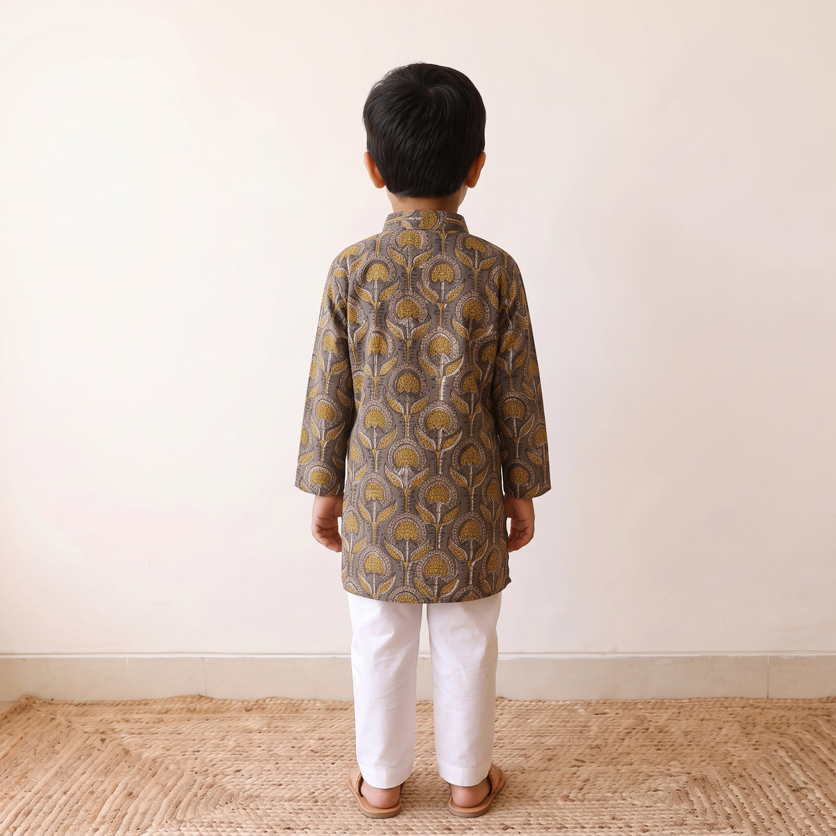 Grey - kids pure cotton kurta in bagru block prints (2-3
