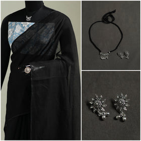 Black - Nazaakat Kota Doria Cotton Plain Saree with Blouse & Jewellery Set 42