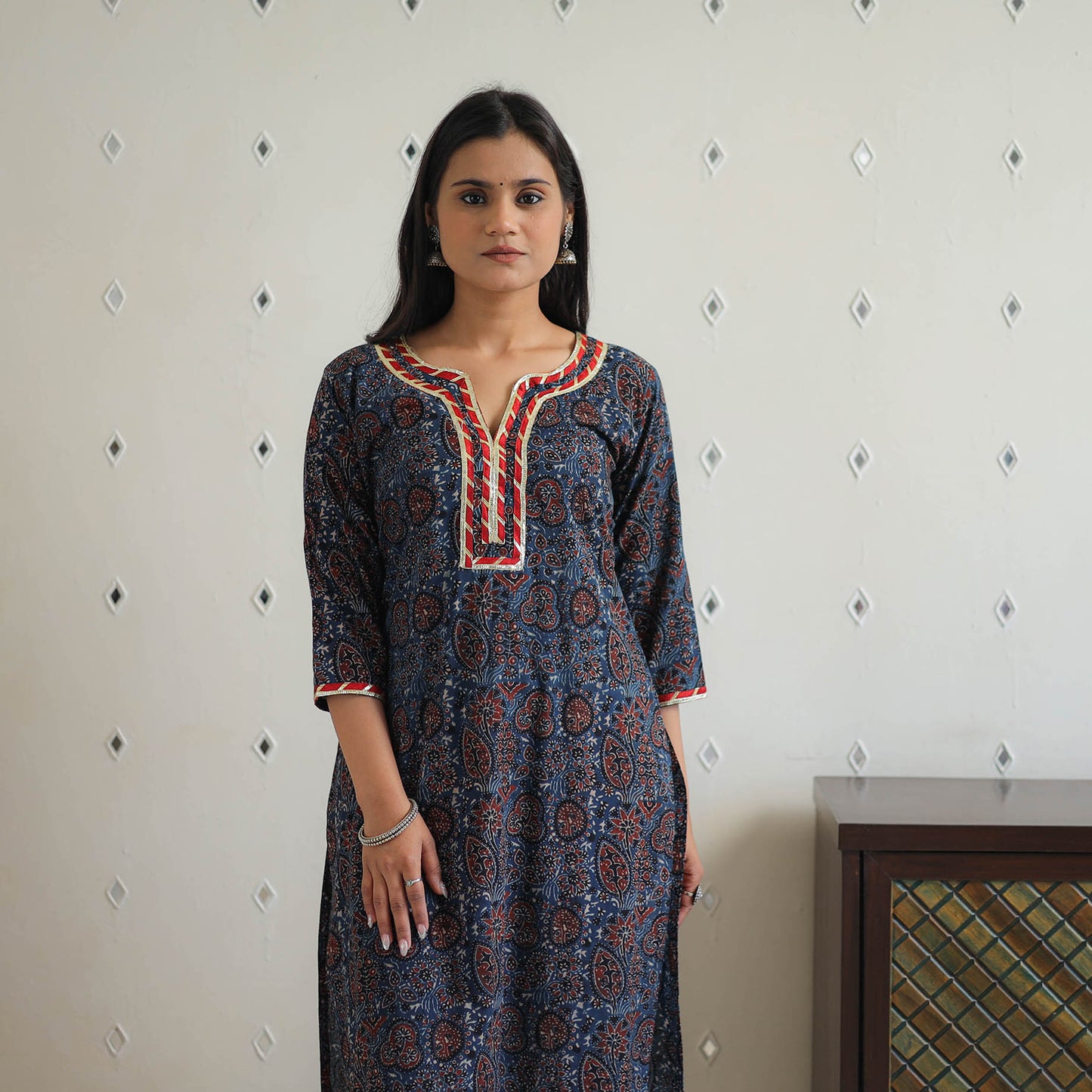 Blue - Block Printed Cotton Gota Work Long Ajrakh Kurta 14