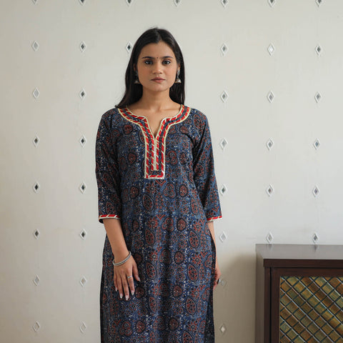 Blue - Block Printed Cotton Gota Work Long Ajrakh Kurta 14