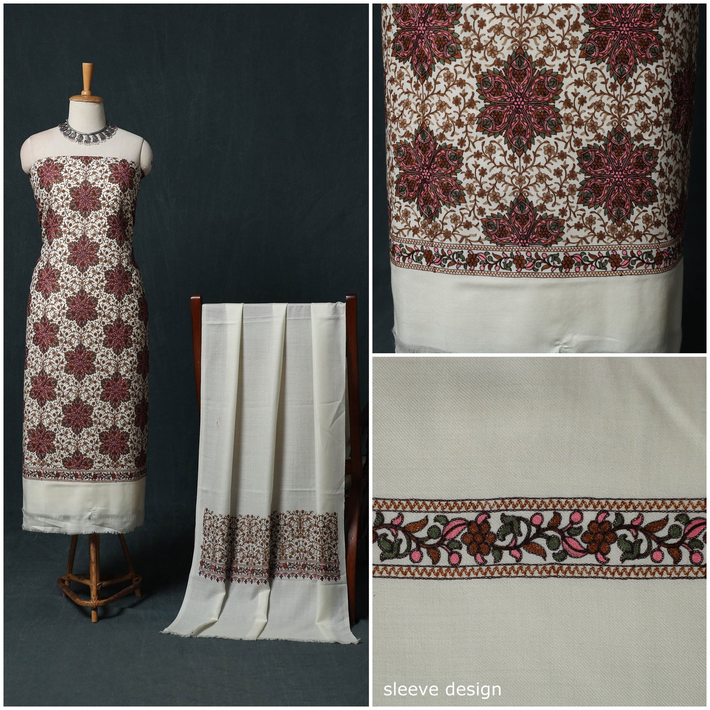 3pc Heavy Chain Stitch Embroidered Wool Unstitched Dress Material Suit Set 17