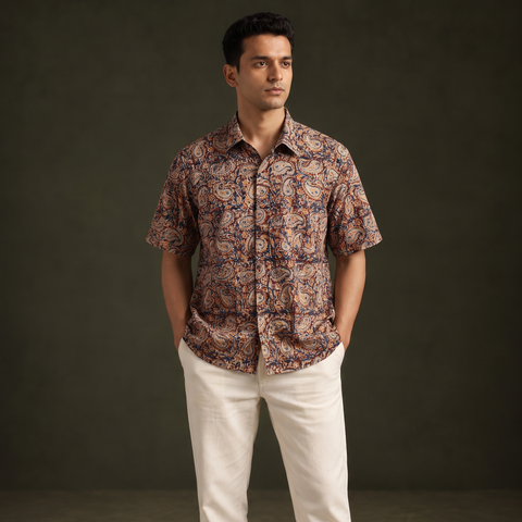 Men Half Sleeve Pedana Kalamkari Block Print Cotton Shirt 13