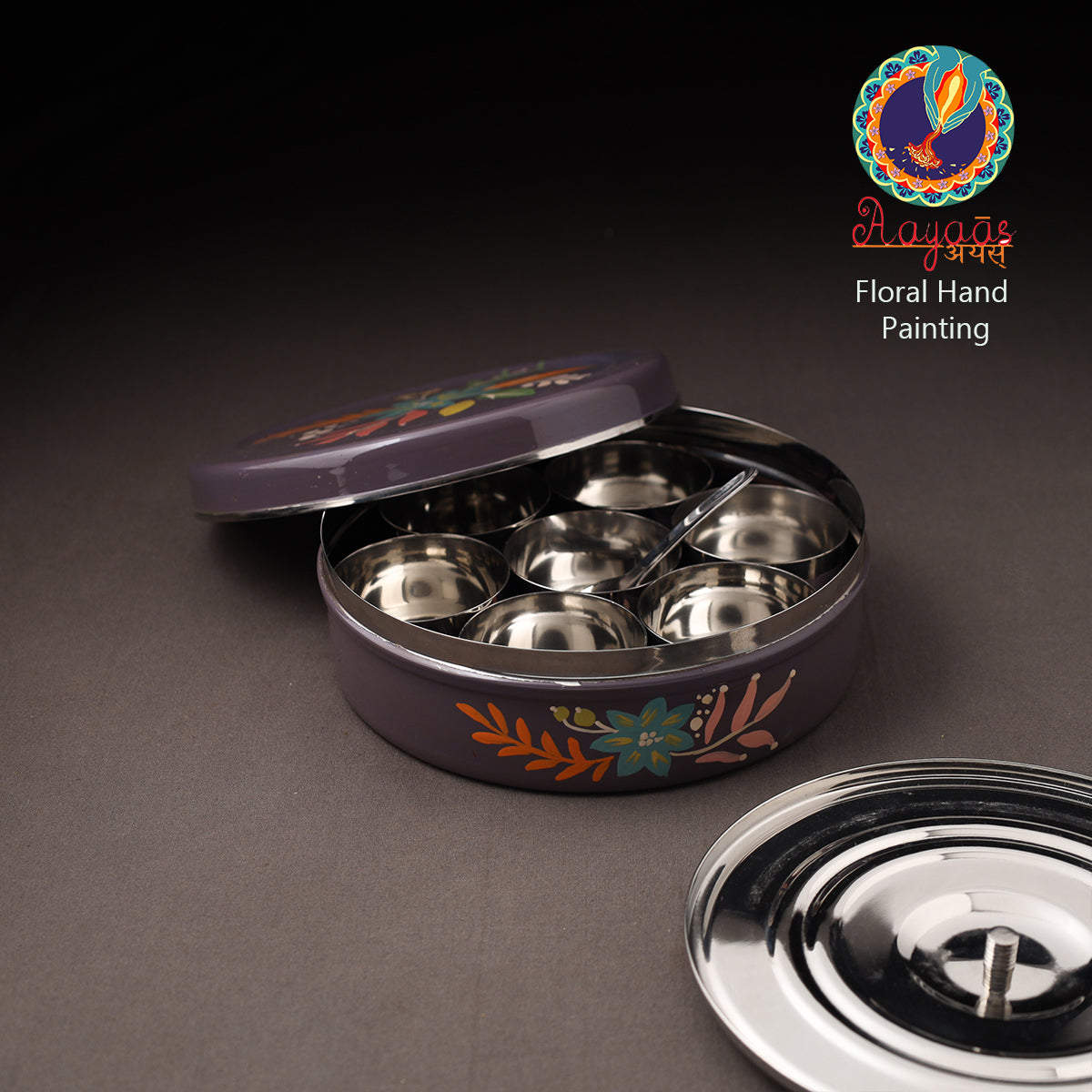 Floral Handpainted Enamelware Stainless Steel Masala Box (7 x 7 in) 15
