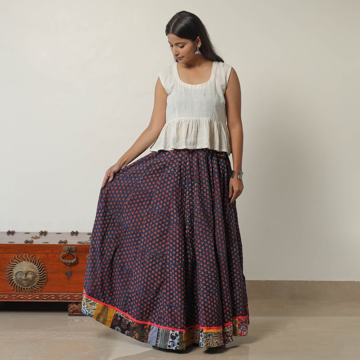  Bagru Block Printed 24 Kali Patchwork Cotton Long Skirt 42 
