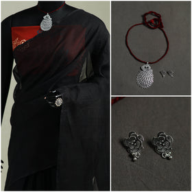 Black - Nazaakat Kota Doria Cotton Plain Saree with Blouse & Jewellery Set 15