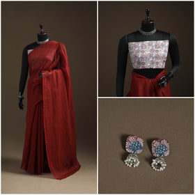 Nazaakat Kota Doria Cotton Plain Saree with Blouse Piece & Earrings 34