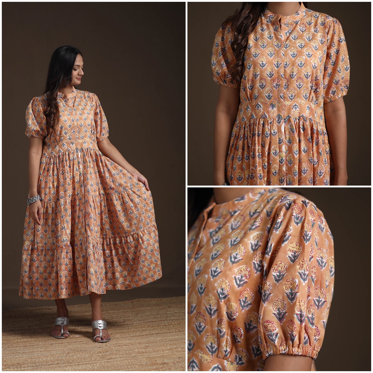 Sanganeri Floral Hand Block Print Cotton Tiered Long Dress for Women 09
