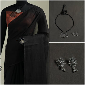 Black - Nazaakat Kota Doria Cotton Plain Saree with Blouse & Jewellery Set 43