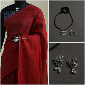 Red - Nazaakat Kota Doria Cotton Plain Saree with Blouse & Jewellery Set 149