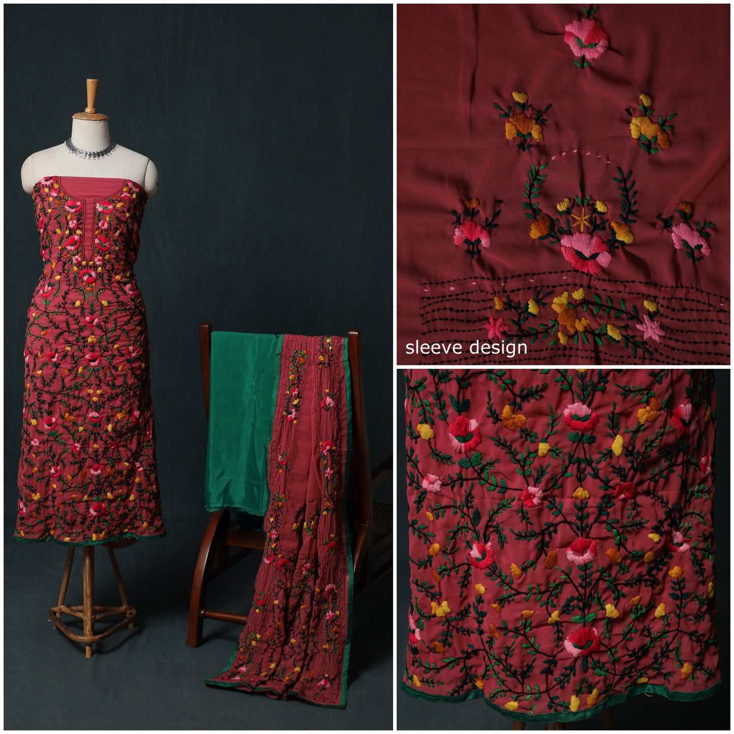 Hand Embroidered Georgette 3pc Unstitched Dress Material Suit Set 15