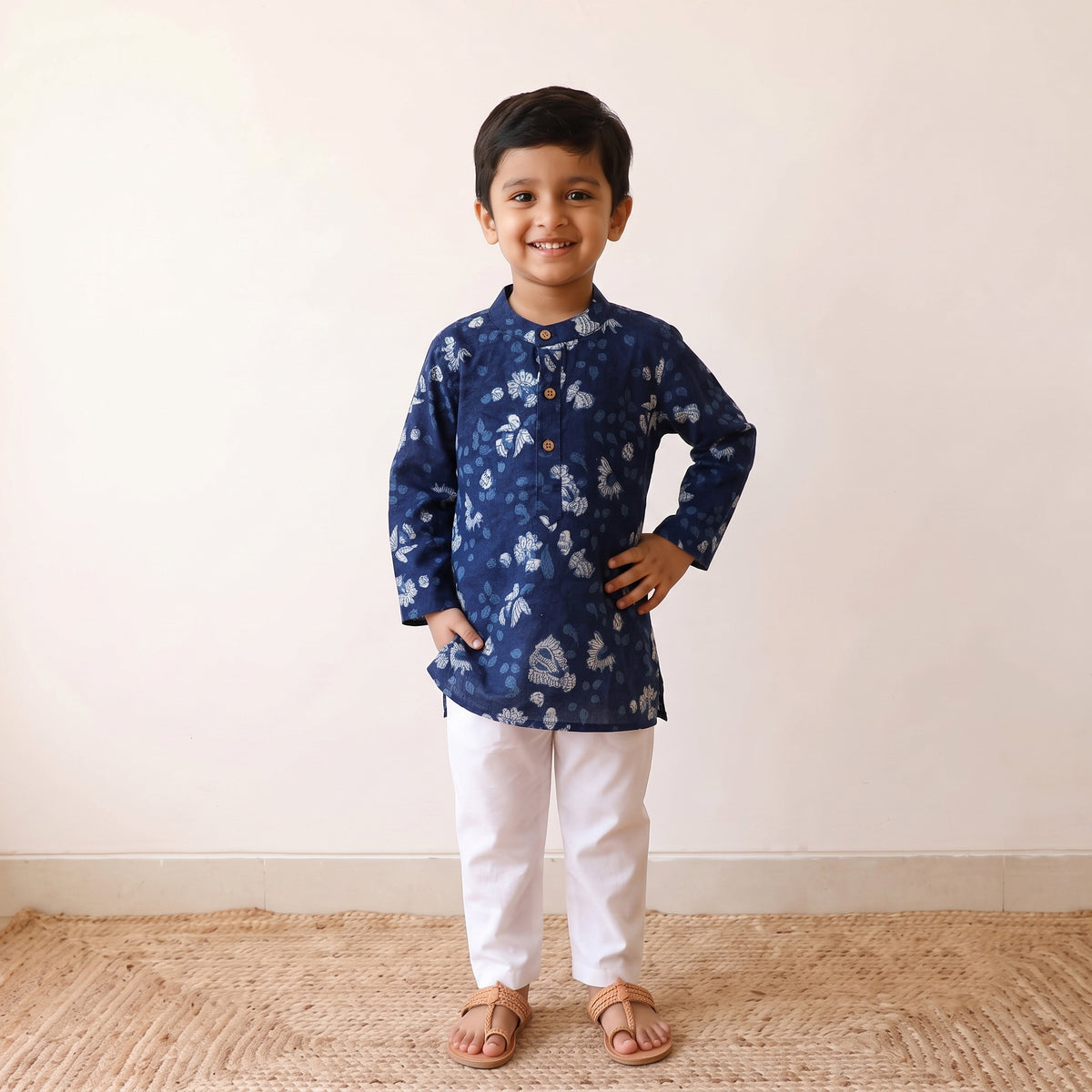 Blue - kids pure cotton kurta in indigo bagru block prints