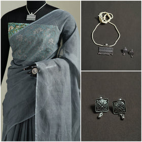 Grey - Nazaakat Kota Doria Cotton Plain Saree with Blouse & Jewellery Set 108
