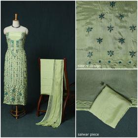 Green - Hand Embroidered Muslin 3pc Unstitched Dress Material 12