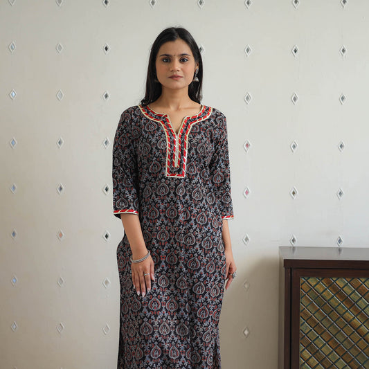 Black - Block Printed Cotton Gota Work Long Ajrakh Kurta 15