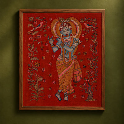 Srikalahasti Kalamkari Art Wall Hanging with Lord Krishna Motif by Ghanshyam Sarode (32 x 26 in) 15