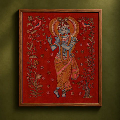 Srikalahasti Kalamkari Art Wall Hanging with Lord Krishna Motif by Ghanshyam Sarode (32 x 26 in) 15
