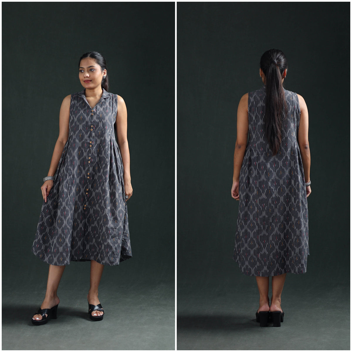 Grey - Pochampally Ikat Cotton Sleeveless Buttoned Down Long Dress for Women 14