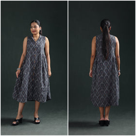 Grey - Pochampally Ikat Cotton Sleeveless Buttoned Down Long Dress for Women 14